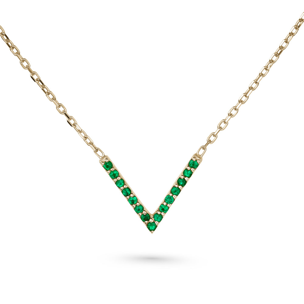 Collier V minimaliste serti de diamants ou d’émeraudes en or 14k